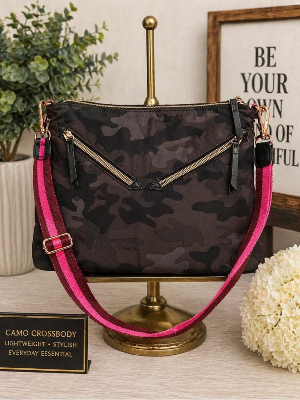 You Do You by Stella & Dot Camo Crossbody Bag Pink Strap Zip Pockets Tote Purse